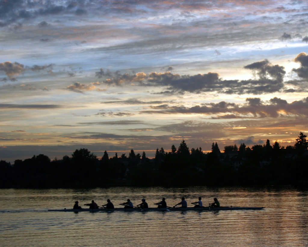 Nine rowers on a lake during sunset